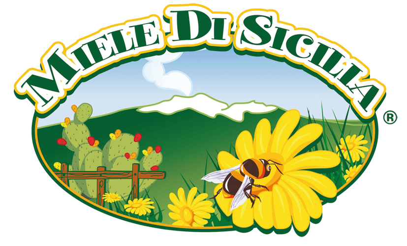 Logo Miele di Sicilia con l'Etna, fichi d'India e un'ape su un fiore giallo