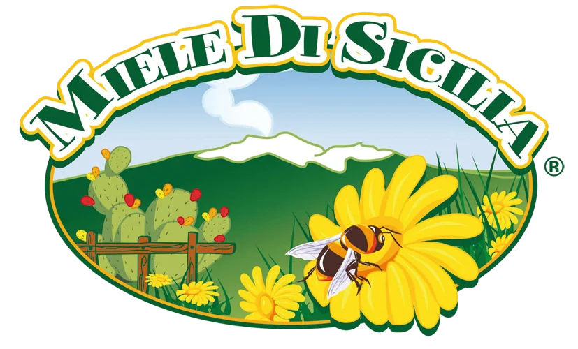 Logo Miele di Sicilia con l'Etna, fichi d'India e un'ape su un fiore giallo